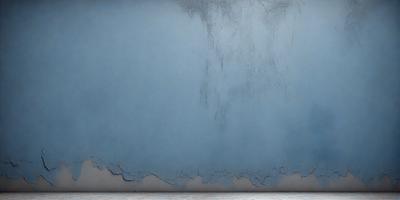 The primary subject of the image is a blue wall with a peeling paint surface. The setting is a room with a blue wall, and the visual style is a photo. The dominant colors are blue and grey, creating a mood of wear and tear.