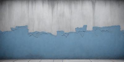 The primary subject of the image is a blue wall with a peeling paint surface. The setting is an outdoor environment, with a cement wall visible in the background. The visual style is a digital art or illustration, as the peeling paint appears to be a deliberate design element. The dominant colors are blue and grey, creating a moody atmosphere.