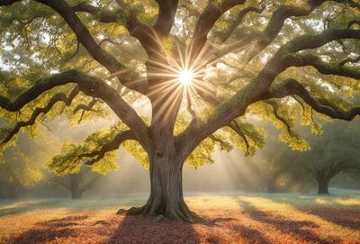 The primary subject of the image is a large tree with a sun shining through its branches. The tree is surrounded by a grassy field, and the sunlight creates a warm and inviting atmosphere. The visual style of the image is a photo, capturing the natural beauty of the tree and its surroundings. The colors and mood of the image are predominantly warm and earthy, with the sunlight creating a sense of warmth and tranquility.