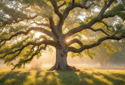 The primary subject of the image is a large, old tree with a massive trunk, surrounded by a lush green forest. The tree is located in the center of the scene, and its trunk is the focal point. The setting is a grassy field with a forest in the background, creating a serene and natural atmosphere. The visual style of the image is a photo, capturing the beauty of the tree and its surroundings. The colors and mood of the image are predominantly green, with the tree and
