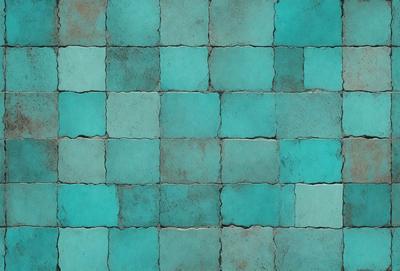 The primary subject of the image is a blue and green tiled wall. The setting is a room with a blue and green tiled floor. The visual style is a photo of a tiled wall. The dominant colors are blue and green, creating a calm and soothing atmosphere.