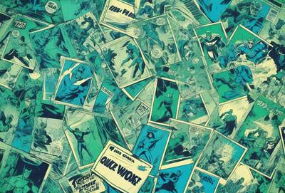 The primary subject of the image is a collection of comic book covers, featuring various superheroes and characters. The setting is a green background, which serves as a contrasting backdrop for the colorful comic book covers. The visual style is a combination of digital art and illustration, showcasing the intricate details and artistic elements of the comic book covers. The colors and mood of the image are vibrant and lively, with the green background providing a sense of freshness and energy.