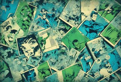 The primary subject of the image is a collection of comic book pages, featuring various superheroes such as Superman and Wonder Woman. The setting is a collage of these pages, showcasing the different artwork and storylines. The visual style is a mix of digital art and illustration, with the pages being digitally arranged and displayed. The colors and mood of the image are predominantly green, which is the color of the comic book pages.