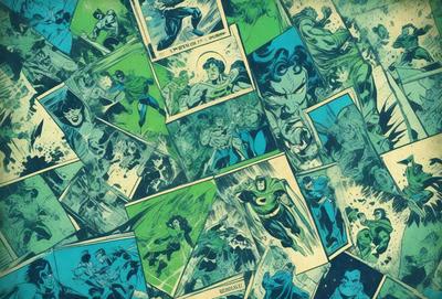 The primary subject of the image is a collage of comic book characters. The setting is a blue background, and the visual style is a combination of digital art and illustration. The colors and mood are predominantly dark and moody, with the characters appearing in various poses and situations.