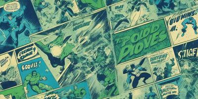 The primary subject of the image is a collection of comic book covers featuring superheroes. The setting is a green background, which adds a vibrant and lively atmosphere to the scene. The visual style is a mix of digital art and illustration, creating a dynamic and engaging presentation. The colors and mood are predominantly green, which is a common color associated with superheroes and the comic book genre.