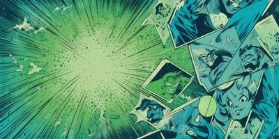 The primary subject of the image is a comic book panel featuring a character with a green hat. The setting is a comic book, and the visual style is digital art. The dominant colors are green and blue, creating a lively and energetic atmosphere.