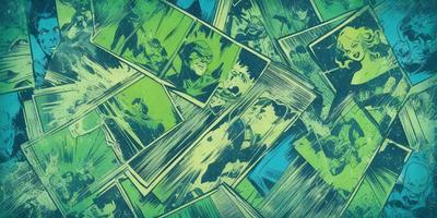The primary subject of the image is a collection of comic book pages, featuring various characters and scenes. The setting is a green background, which adds a vibrant and lively atmosphere to the image. The visual style is a mix of digital art and illustration, creating a dynamic and engaging composition. The colors and mood are predominantly green, which adds a sense of freshness and energy to the scene.