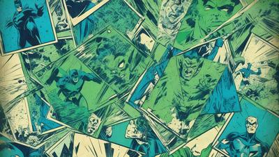 The primary subject of the image is a collage of comic book characters, including a green Hulk, a blue Superman, and a blue Batman. The setting is a blue background, and the visual style is a combination of digital art and illustration. The colors and mood of the image are predominantly blue, creating a calm and cool atmosphere.