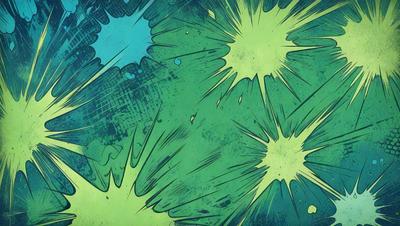 The primary subject of the image is a green and blue explosion, which appears to be a digital art or illustration. The setting is a blue and green background, and the visual style is a combination of digital art and illustration. The colors and mood of the image are vibrant and energetic, with the green and blue tones creating a sense of movement and dynamism.