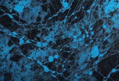 The primary subject of the image is a blue and white patterned surface, which appears to be a wall or a piece of art. The setting is a dark room, and the visual style is a combination of digital art and illustration. The dominant colors are blue and white, creating a calm and soothing atmosphere.