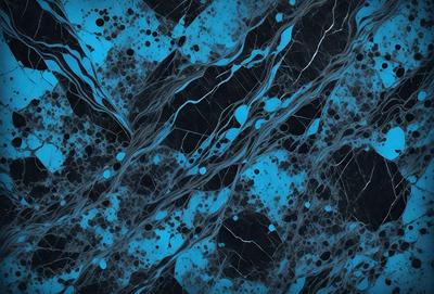 The primary subject of the image is a blue and black marbled wall. The setting is a room with a blue and black marbled wall, which serves as the background. The visual style of the image is a close-up of the marbled wall, showcasing its unique texture and design. The colors and mood of the image are predominantly blue and black, creating a sense of depth and sophistication.