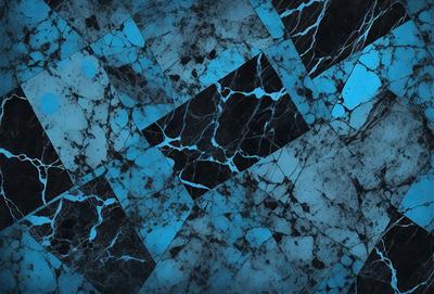 The primary subject of the image is a blue and black marble tile. The setting is a blue and black marble tile floor. The visual style is a close-up of the tile, showcasing its intricate design. The colors and mood of the image are predominantly blue and black, creating a striking and elegant appearance.