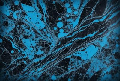 The primary subject of the image is a blue and black patterned surface, which appears to be a piece of art or a decorative item. The setting is a black and blue background, which complements the artwork. The visual style is a combination of digital art and illustration, creating a unique and eye-catching design. The colors and mood of the image are predominantly blue and black, giving it a modern and sophisticated appearance.