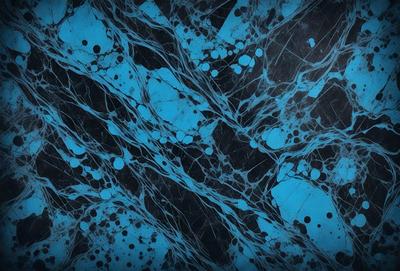The primary subject of the image is a blue and black marbled surface, which appears to be a stone or a marble tile. The setting is a close-up of the marbled surface, showcasing its intricate patterns and textures. The visual style of the image is a close-up, which emphasizes the details of the marbled surface. The colors and mood of the image are predominantly blue and black, creating a sense of depth and sophistication.