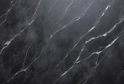 The primary subject of the image is a close-up of a marble wall with a pattern of white and grey veins. The setting is a dark room, and the visual style is a black and white photo. The dominant colors are black and white, creating a moody atmosphere.