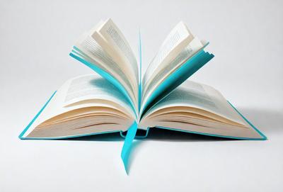 The primary subject of the image is a book, which is open and laying on a table. The book is blue and white, and it appears to be a hardcover book. The setting is a table, and the visual style is a photo. The colors and mood of the image are predominantly blue and white, giving it a clean and organized appearance.