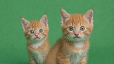 The image features two orange kittens sitting next to each other on a green background. They are both looking at the camera, capturing the viewer's attention. The kittens are positioned close to each other, creating a sense of companionship and warmth. The green background provides a natural and calming atmosphere, while the orange kittens add a touch of playfulness and energy to the scene.