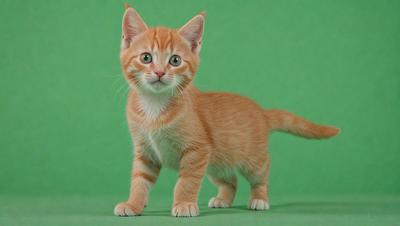 The primary subject of the image is a small orange and white kitten standing on a green surface. The kitten appears to be looking at the camera, possibly posing for a picture. The setting is a green background, which provides a contrasting and vibrant backdrop for the kitten. The visual style of the image is a close-up of the kitten, capturing its features and expression. The colors and mood of the image are lively and cheerful, with the orange and white kitten being the main focus