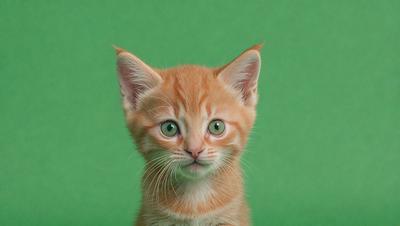 The primary subject of the image is a small orange and white kitten. The kitten is sitting on a green background, which creates a contrast with its fur. The visual style of the image is a close-up of the kitten, showcasing its features and expression. The colors and mood of the image are warm and inviting, with the orange and white fur of the kitten standing out against the green background.