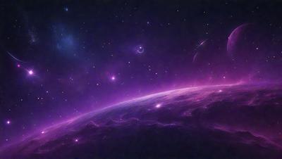 The primary subject of the image is a purple and pink planet with a ring around it. The setting is a dark, starry sky, and the visual style is a digital art or illustration. The colors and mood of the image are predominantly purple and pink, creating a sense of wonder and beauty.