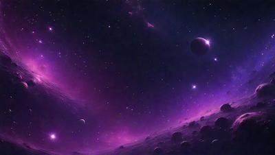 The primary subject of the image is a purple and black starry sky with a few planets and moons visible. The setting is a dark, star-filled sky, and the visual style is a digital art or illustration. The colors and mood of the image are predominantly purple and black, creating a dramatic and mysterious atmosphere.