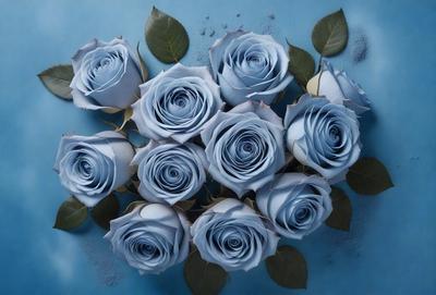 The primary subject of the image is a bouquet of blue roses. The setting is a blue background, which adds a vibrant and calming atmosphere to the scene. The visual style is a close-up of the flowers, showcasing their details and beauty. The colors and mood of the image are predominantly blue, creating a serene and peaceful ambiance.