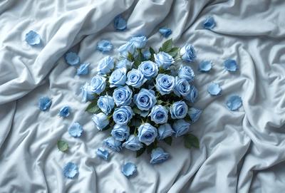 The primary subject of the image is a bouquet of blue roses. The setting is a white sheet or bed, which serves as the background. The visual style is a close-up of the bouquet, showcasing the blue roses in detail. The colors and mood of the image are predominantly blue, creating a serene and calming atmosphere.