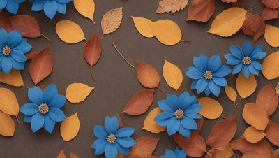 The primary subject of the image is a collection of blue and orange leaves, which are arranged in a pattern on a brown surface. The setting appears to be a table or a similar surface, providing a backdrop for the leaves. The visual style of the image is a combination of digital art and illustration, as the leaves are depicted in a detailed and artistic manner. The dominant colors in the image are blue and orange, creating a vibrant and lively atmosphere.