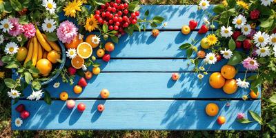 The primary subject of the image is a wooden table filled with a variety of fruits and vegetables. The table is blue, and the fruits and vegetables are arranged in an artistic manner. The setting is outdoors, with a grassy area visible in the background. The visual style is a combination of photo and digital art, creating a vibrant and colorful scene. The dominant colors are blue, green, and yellow, with the fruits and vegetables adding a variety of hues to the overall atmosphere.