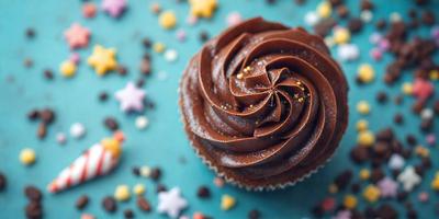 The primary subject of the image is a chocolate cupcake with a swirl of frosting on top. The cupcake is placed on a blue surface, which serves as the setting. The visual style of the image is a close-up of the cupcake, showcasing its details. The dominant colors in the image are brown and blue, creating a rich and appetizing atmosphere.