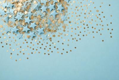 The primary subject of the image is a collection of gold stars scattered across a blue background. The setting appears to be a wall or a surface with a pattern of stars. The visual style of the image is a combination of digital art and illustration, creating a unique and eye-catching design. The dominant colors in the image are gold and blue, giving the scene a warm and inviting atmosphere.