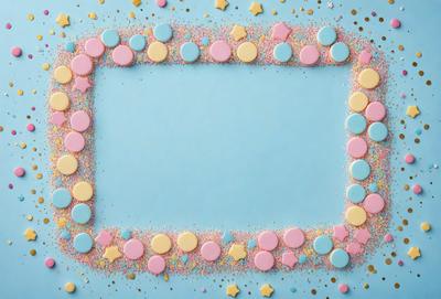 The primary subject of the image is a decorative frame made of candy, with a blue background. The frame is filled with various candy pieces, including stars and other shapes, creating a visually appealing and playful design. The setting is a table, and the visual style is a combination of photo and digital art, as the candy pieces are arranged to create a unique and creative display. The colors and mood of the image are predominantly bright and cheerful, with the blue background and the vibrant colors