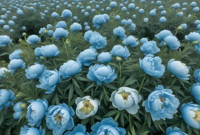 The primary subject of the image is a field of blue flowers, with a variety of different types of flowers. The setting is a lush green field, and the visual style is a close-up of the flowers. The colors and mood of the image are predominantly blue, creating a serene and peaceful atmosphere.