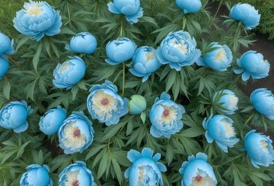 The primary subject of the image is a group of blue flowers, which are the main focus of the scene. The flowers are set against a backdrop of green plants, creating a vibrant and lively atmosphere. The visual style of the image is a close-up of the flowers, showcasing their beauty and details. The dominant colors in the image are blue and green, which contribute to the overall mood of the scene.