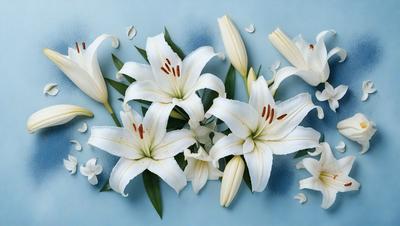 The primary subject of the image is a bouquet of white flowers, including lilies, arranged on a blue surface. The setting appears to be a still life, with the flowers being the main focus of the image. The visual style is a close-up of the flowers, showcasing their details and beauty. The colors in the image are predominantly white, with the blue surface adding a contrasting element to the overall atmosphere.