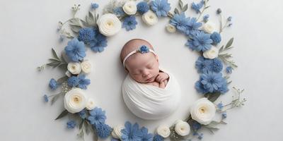 The primary subject of the image is a baby, who is lying down and wearing a white hat. The baby is surrounded by a white and blue floral arrangement, which includes blue flowers and white flowers. The setting is a white surface, possibly a table or a wall, where the baby and the flowers are placed. The visual style of the image is a combination of a photo and digital art, creating a unique and artistic representation of the baby and the floral arrangement. The colors and mood of the image are predominantly white