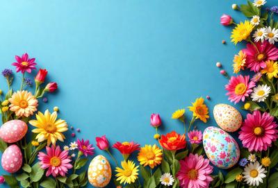 The primary subject of the image is a bouquet of colorful flowers, including pink, yellow, and orange, arranged on a blue background. The visual style of the image is a combination of photo and digital art, creating a vibrant and lively atmosphere. The colors and mood of the image are predominantly cheerful and uplifting, with the bright flowers and blue background creating a sense of freshness and vitality.