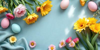 The primary subject of the image is a bouquet of flowers, which are placed on a blue surface. The setting appears to be a table or a countertop. The visual style of the image is a photo, capturing the beauty of the flowers and their arrangement. The colors in the image are predominantly pink and yellow, creating a warm and inviting atmosphere.