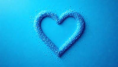 The primary subject of the image is a heart-shaped pattern made of blue glitter. The heart is placed on a blue background, which creates a visually appealing contrast. The visual style of the image is a close-up of the heart, emphasizing its shape and texture. The colors and mood of the image are predominantly blue, giving it a calm and serene atmosphere.