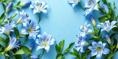 The primary subject of the image is a bouquet of blue flowers, including lilies, arranged in a vase. The flowers are placed against a blue background, which adds a sense of depth and contrast to the scene. The visual style of the image is a close-up of the flowers, showcasing their details and beauty. The colors and mood of the image are predominantly blue, creating a calm and serene atmosphere.