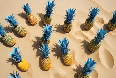 The primary subject of the image is a group of pineapples. There are several pineapples scattered across the sandy surface, with some of them appearing to be blue. The setting is a sandy beach, and the visual style is a close-up of the pineapples. The colors and mood of the image are predominantly warm and tropical, with the blue pineapples adding a unique touch to the scene.