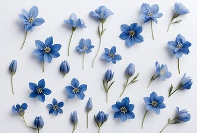 The primary subject of the image is a collection of blue flowers, which are arranged in a visually appealing manner. The flowers are displayed on a white surface, which serves as the background. The visual style of the image is a close-up of the flowers, showcasing their details and beauty. The dominant colors in the image are blue, which is the color of the flowers, and white, which is the color of the background. The overall atmosphere of the image is serene and calming, as the blue flowers create a sense