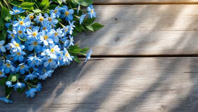 The primary subject of the image is a bouquet of blue flowers, which are arranged in a vase and placed on a wooden table. The setting is a wooden table, and the visual style is a photo. The dominant colors in the image are blue and white, creating a calm and serene atmosphere.