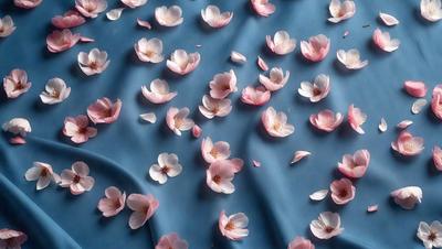 The primary subject of the image is a blue cloth with a pattern of pink flowers scattered across it. The setting is a table, and the visual style appears to be a photo. The dominant colors are pink and blue, creating a calm and serene atmosphere.