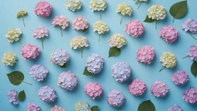 The primary subject of the image is a collection of pink and white flowers. These flowers are arranged in various positions, creating a visually appealing display. The setting is a blue wall, which serves as a striking backdrop for the flowers. The visual style of the image is a combination of photo and digital art, as it captures the beauty of the flowers in a realistic yet artistic manner. The dominant colors of the image are pink and white, giving it a fresh and elegant appearance.