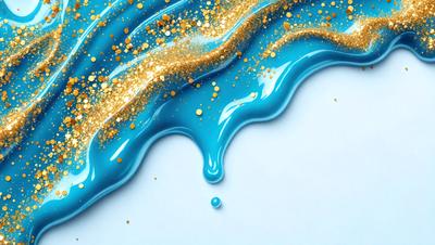 The primary subject of the image is a blue and gold paint splattered on a white surface. The setting is a white background, and the visual style appears to be a digital art or illustration. The dominant colors are blue and gold, creating a vibrant and lively atmosphere.