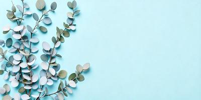 The primary subject of the image is a branch with green leaves. The setting is a blue wall, which serves as the background. The visual style is a close-up of the branch, showcasing the leaves and their details. The colors and mood of the image are predominantly blue, creating a calm and serene atmosphere.