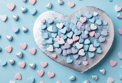 The primary subject of the image is a heart-shaped cake decorated with blue and pink frosting and blue and pink hearts. The heart is placed on a blue surface, which serves as the setting or background. The visual style of the image is a close-up of the heart-shaped cake, showcasing the intricate details of the frosting and hearts. The colors and mood of the image are predominantly blue and pink, creating a warm and inviting atmosphere.