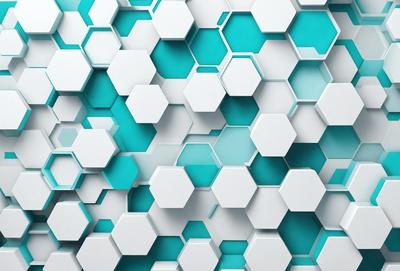 The primary subject of the image is a blue and white hexagonal pattern. The setting is a white wall, and the visual style is a close-up of the pattern. The dominant colors are blue and white, creating a clean and modern atmosphere.