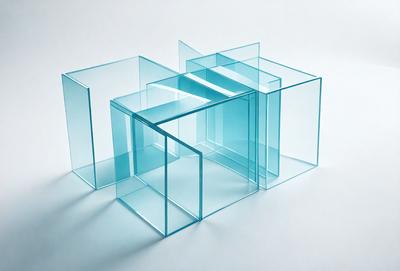 The primary subject of the image is a blue glass box, which is the main object, scene, or focus of the image. The setting is a white background, which provides a clean and minimalist environment. The visual style is a photo, showcasing the intricate details of the glass box. The colors and mood of the image are predominantly blue, creating a calm and serene atmosphere.